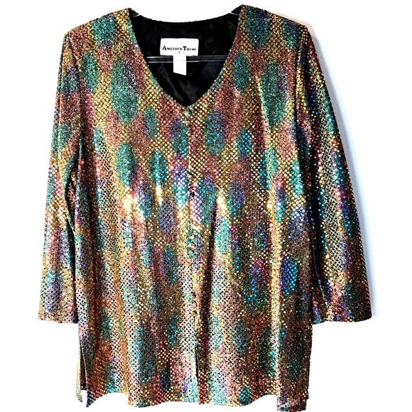 Tops - Vtg Another Thyme Sequin Tunic Blouse Multi-color Women's 16 New Years Eve Party